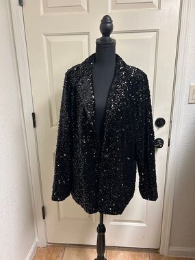 Joan Rivers Red Carpet Sequin Boyfriend Blazer, Size XL, Black